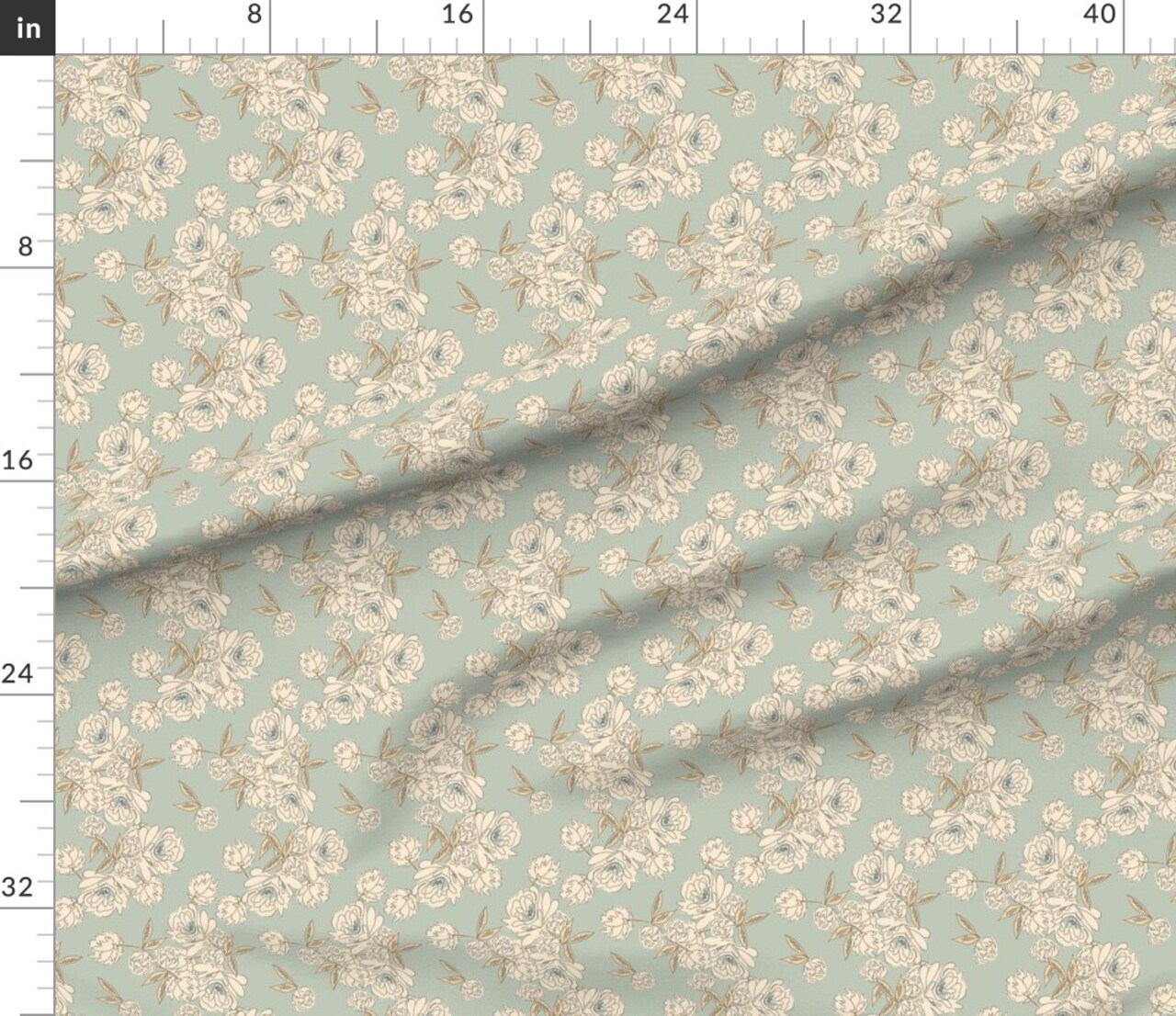 Peonies Green Cream Flowers Floral Whimsical Blooms Botanical Drawing Cottagecore Custom Printed Fabric by Spoonflower Various Fabrics by the Yard or Fat Quarter